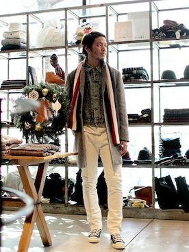 「BEAMS（ビームス）のアイテム（チェスターコート）」を使った、HAPPY西村さん（メンズ・180cm）の冬コーディネート