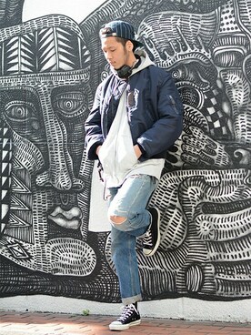 「Buzz Rickson's（バズリクソンズ）のアイテム（ミリタリージャケット）」を使った、HAPPY西村さん（メンズ・180cm）の冬コーディネート