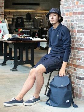 「BEAMS PLUS（ビームスプラス）のアイテム（帽子）」を使った、HAPPY西村さん（メンズ・180cm）の春コーディネート