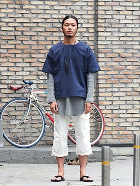 「ISLAND SLIPPER（アイランドスリッパ）のアイテム」を使った、HAPPY西村さん（メンズ・180cm）の夏コーディネート
