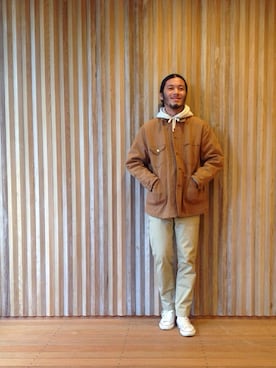 「VINTAGE（ヴィンテージ）のアイテム（カバーオール）」を使った、HAPPY西村さん（メンズ・180cm）の冬コーディネート