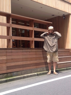 「アイテム（パーカー、グリーン系）」を使った、HAPPY西村さん（メンズ・180cm）の夏コーディネート