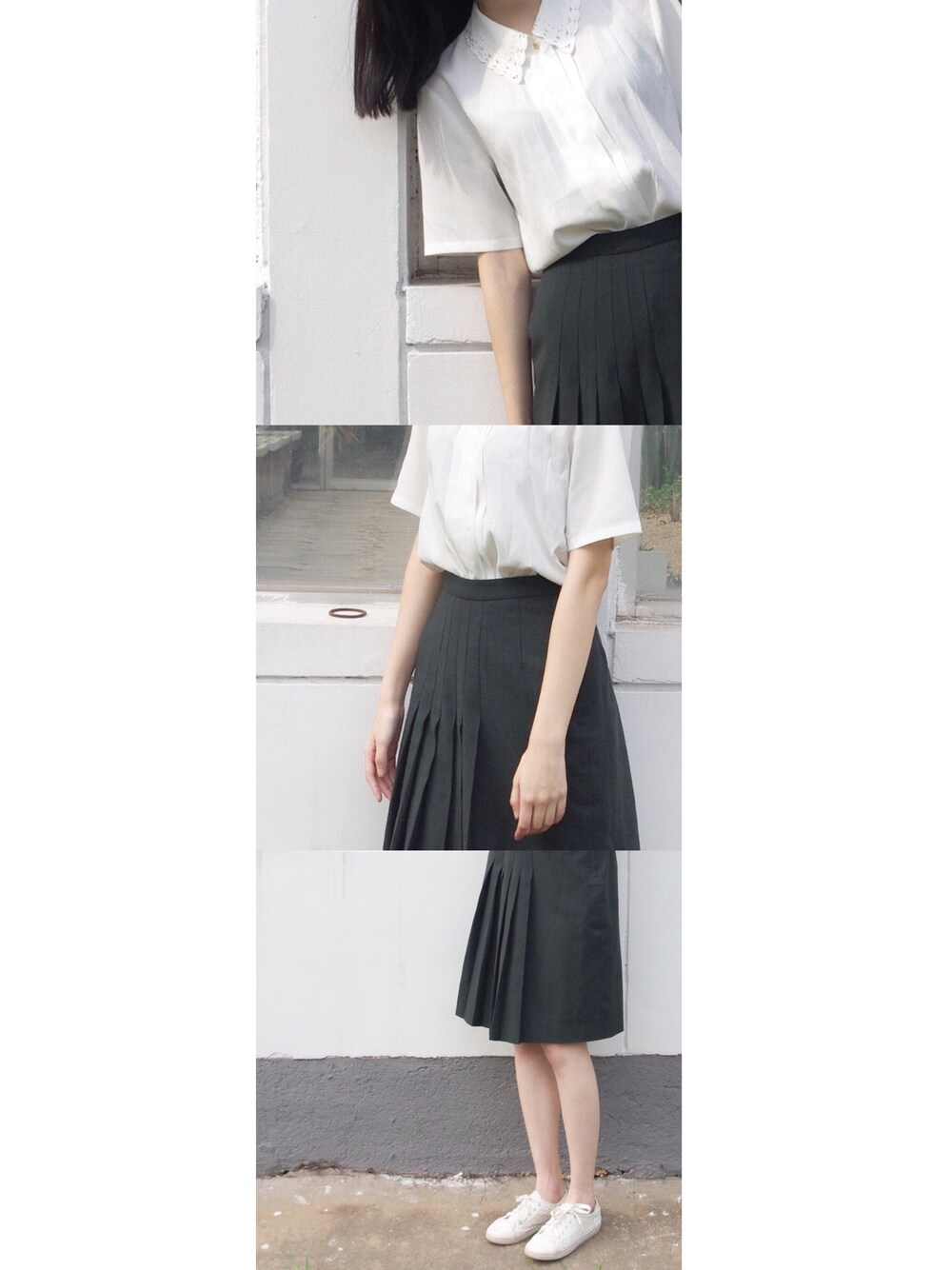 「summer、school」｜「VINTAGEのアイテム（シャツ/ブラウス、ホワイト系）」を使った、Unlversoさん（レディース・170cm）の春コーディネートの1枚目の写真