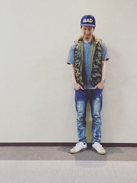 「アイテム（ダウンベスト、ブラウン系）」を使った、mashさん（メンズ・180cm）の秋コーディネート