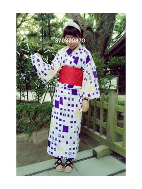 「柄物」｜「アイテム（浴衣）」を使った、370さん（レディース・152cm）の秋コーディネート