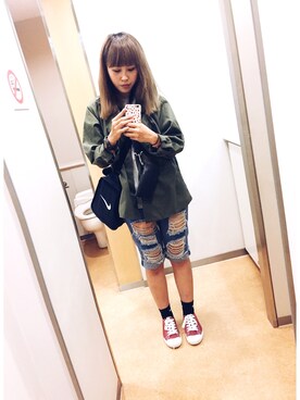 「無印良品（ムジルシリョウヒン）のアイテム（シューズ、レッド系）」を使った、洪佳さん（レディース・163cm）の夏コーディネート