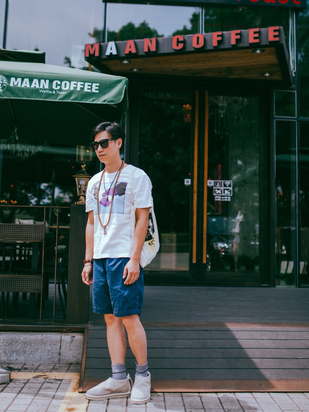 「daily look、OriginalFake、UNIQLO、gentlemonster、BUTTERO、Moscot」｜「OriginalFakeのアイテム（Tシャツ/カットソー、ホワイト系）」を使った、Thread_Jamesさん（メンズ・170cm）の夏コーディネートの1枚目の写真