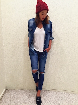 「アイテム（ニットキャップ/ビーニー、レッド系）」を使った、Regalectさん（レディース・163cm）の秋コーディネート