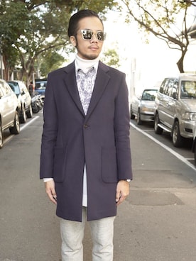 「アイテム（ダッフルコート、パープル系）」を使った、Lai Wei-Chihさん（メンズ・174cm）の冬コーディネート