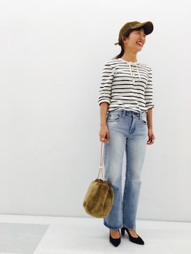 「BEAUTY&YOUTH UNITED ARROWS（ビューティーアンドユースユナイテッドアローズ）のアイテム（Tシャツ/カットソー、ホワイト系）」を使った、Kaho Tanakaさん（レディース・159cm）の夏コーディネート