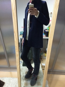 「ネルシャツ」｜「アイテム（ステンカラーコート）」を使った、富田修平 - Shuhei Tomitaさん（メンズ・177cm）の冬コーディネート