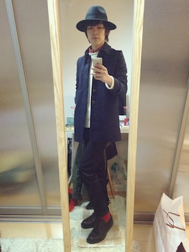 「no brand（ノーブランド）の中折れつば広ハット（ハット、ブラック系）」を使った、富田修平 - Shuhei Tomitaさん（メンズ・177cm）の冬コーディネート