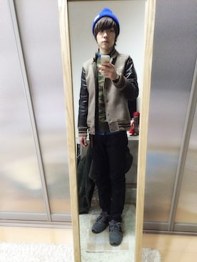 「カモ柄」｜「アイテム（スタジャン）」を使った、富田修平 - Shuhei Tomitaさん（メンズ・177cm）の冬コーディネート
