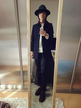 「no brand（ノーブランド）の中折れつば広ハット（ハット、ブラック系）」を使った、富田修平 - Shuhei Tomitaさん（メンズ・177cm）の冬コーディネート