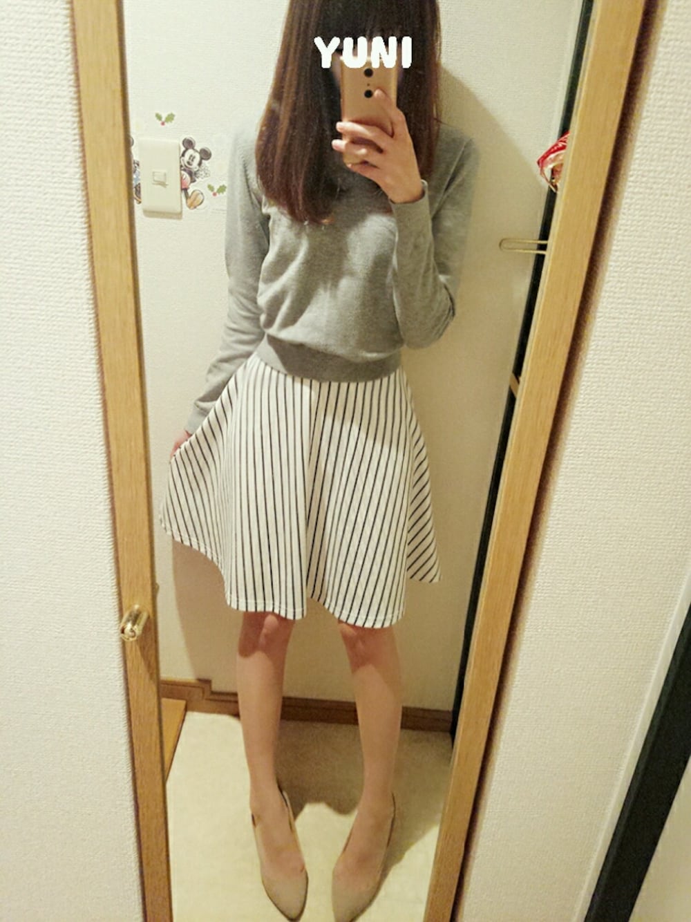「ニット、ストライプ」｜「GALSTARのアイテム（トップス、グレー系）」を使った、ゆにさん（レディース・162cm）の秋コーディネートの1枚目の写真