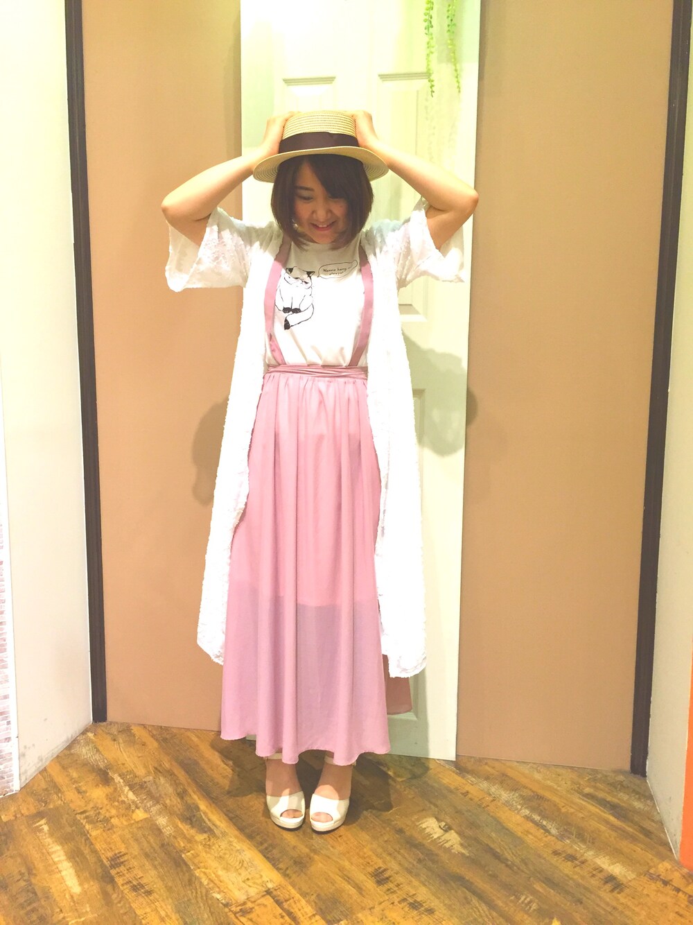 「レース、女の子コーデ」｜「PAGEBOYのサスペンダー付きギャザーロングフレアスカート（スカート、ピンク系）」を使った、ゆ あ さ か お りさん（レディース・158cm）の春コーディネートの1枚目の写真