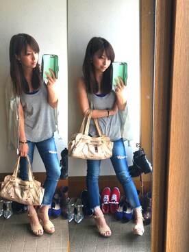 「Ungrid（アングリッド）のフレイドヘムストスリ（デニムパンツ）」を使った、綾莉-akoさん（レディース・158cm）の夏コーディネート