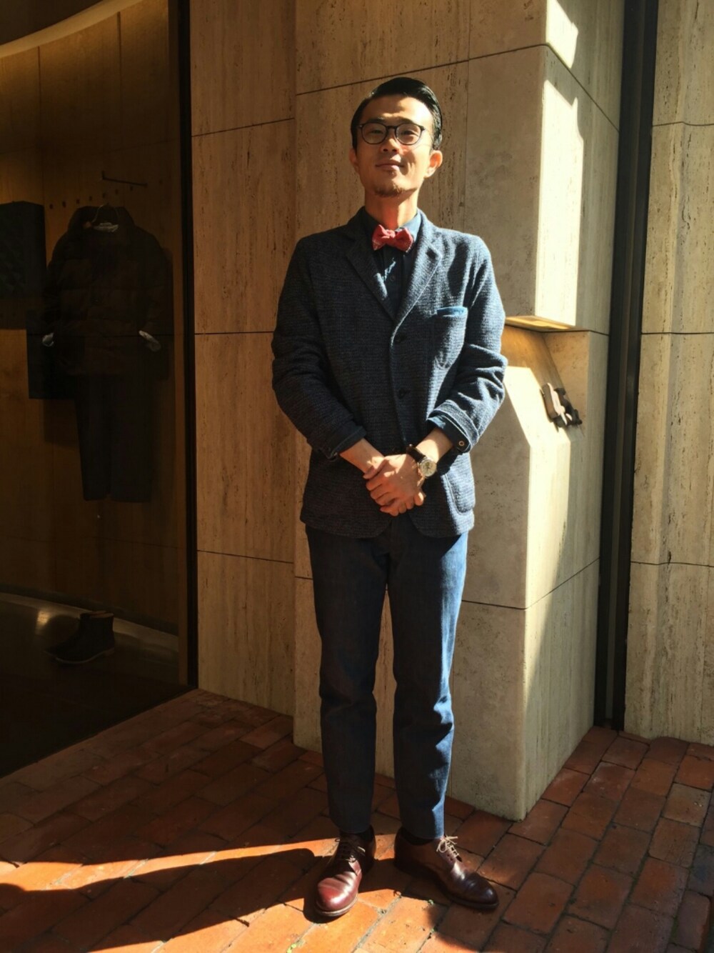 「10/26はデニムの日、45R、めがね」｜「10/26はデニムの日のアイテム（その他、ブルー系）」を使った、うえすさん（メンズ・172cm）の秋コーディネートの1枚目の写真