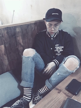 「thisisneverthat（ディスイズネバーザット）のアイテム（スタジャン）」を使った、기리보이さん（メンズ・178cm）の春コーディネート