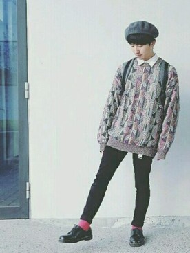 「総柄トップス」｜「アイテム（ハンチング/ベレー帽）」を使った、 takahiroさん（メンズ・165cm）の秋コーディネート