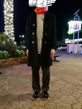 「ノーカラーシャツ」｜「アイテム（ダッフルコート）」を使った、モリゾーさん（メンズ・178cm）の冬コーディネート