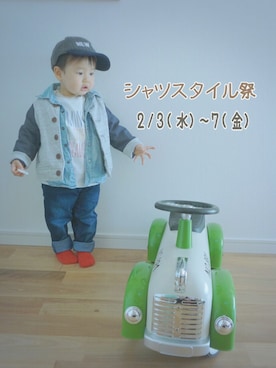 「デニムシャツ」｜「アイテム（スタジャン）」を使った、takeさん（キッズ・80cm）の冬コーディネート