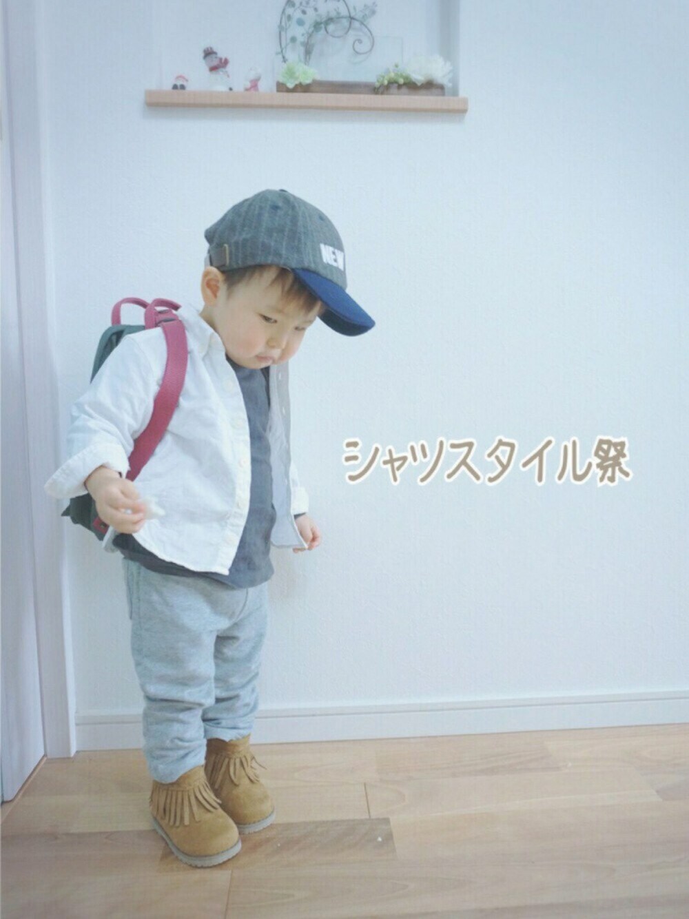 「シャツスタイル祭、シンプル、白シャツ、カンケン、キャップ、2月WEARバレンタインカラー(赤or茶)」｜「SHIPS KIDSのSHIPS KIDS:ストライプ メルトン キャップ（キャップ、グレー系）」を使った、takeさん（キッズ・80cm）の冬コーディネートの1枚目の写真