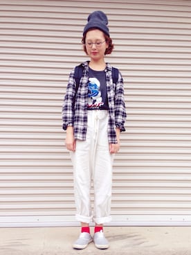 「リラックスパンツ」｜「アイテム（ニットキャップ/ビーニー）」を使った、よちさん（レディース・157cm）の秋コーディネート