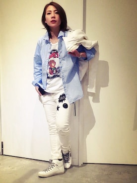 「Tシャツ×デニム」｜「アイテム（ライダースジャケット）」を使った、Shih-huiさん（レディース・158cm）の春コーディネート
