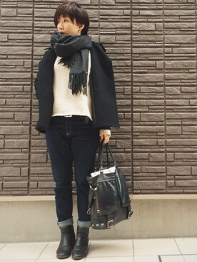 「インディゴデニム」｜「アイテム（ピーコート）」を使った、まよさん（レディース・160cm）の冬コーディネート