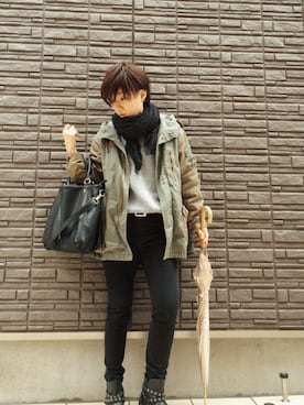 「w closet（ダブルクローゼット）のアイテム（モッズコート）」を使った、まよさん（レディース・160cm）の春コーディネート