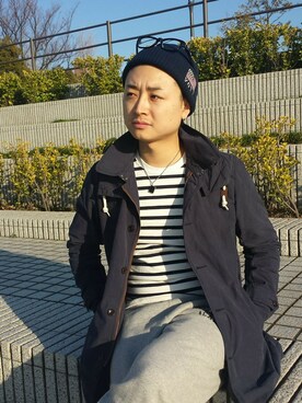 「マリン」｜「アイテム（ステンカラーコート）」を使った、U-ki Mizutaniさん（メンズ・178cm）の春コーディネート