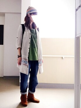 「チャイハネ（チャイハネ）のアイテム（ニットキャップ/ビーニー）」を使った、ymさん（レディース・159cm）の秋コーディネート