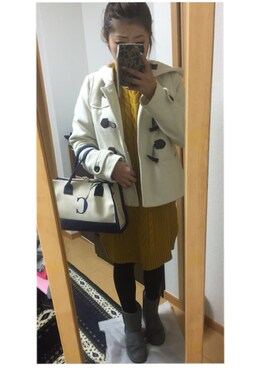 「earth music&ecology（アースミュージックアンドエコロジー）の・ショートダッフルコート（ジャケット/アウター、ホワイト系）」を使った、chachaさん（レディース・154cm）の冬コーディネート