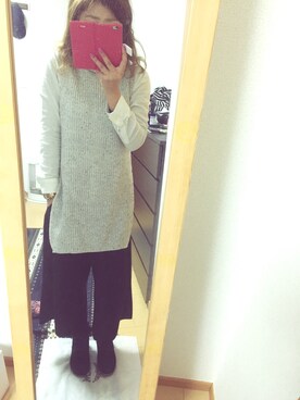 「GU（ジーユー）の（GU）ストレッチブロードシャツ（長袖）（トップス、ホワイト系）」を使った、chachaさん（レディース・154cm）の冬コーディネート