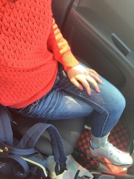 「GU（ジーユー）のアイテム（トップス、レッド系）」を使った、chachaさん（レディース・154cm）の冬コーディネート