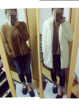 「LOWRYS FARM（ローリーズファーム）の5ゲージスソフリンジプルオーバーロングスリーブ　570145（ニット/セーター、ブラウン系）」を使った、chachaさん（レディース・154cm）の冬コーディネート