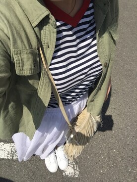 「Heather（ヘザー）のワークショートシャツ7分袖（トップス、グリーン系）」を使った、chachaさん（レディース・154cm）の春コーディネート