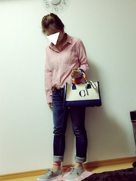 「earth music&ecology（アースミュージックアンドエコロジー）のアイテム（トップス、レッド系）」を使った、chachaさん（レディース・154cm）の春コーディネート