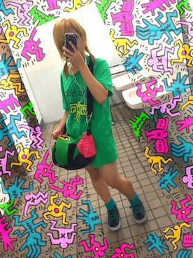 「Keith Haring（キース・ヘリング）のアイテム（トップス）」を使った、ラヴリィずんだもちさん（レディース・151cm）の夏コーディネート