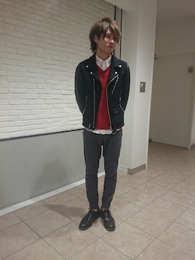 「バレンタインデートスタイル」｜「アイテム（ライダースジャケット）」を使った、gou aoyagiさん（メンズ・175cm）の冬コーディネート