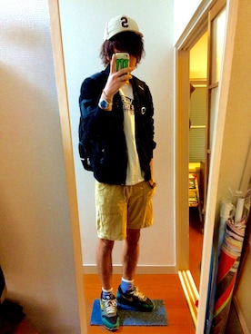 「ハーフパンツ」｜「アイテム（MA-1）」を使った、ku so men masaさん（メンズ・177cm）の春コーディネート