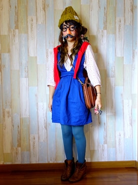 「LOWRYS FARM（ローリーズファーム）のアイテム（ワンピース、ブルー系）」を使った、Meeさん（レディース・154cm）の秋コーディネート