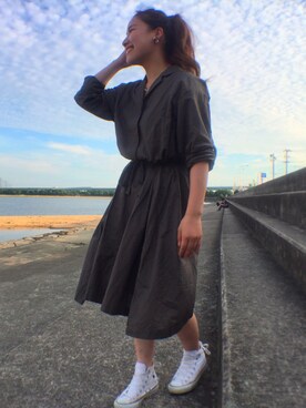 「UNIQLO（ユニクロ）のアイテム（シャツワンピース、グリーン系）」を使った、Saeko.さん（レディース・158cm）の夏コーディネート