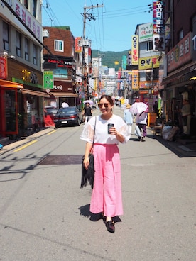 「STYLENANDA（スタイルナンダ）のアイテム（その他パンツ、ピンク系）」を使った、Saeko.さん（レディース・158cm）の夏コーディネート