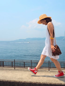 「H&M（エイチ・アンド・エム）のアイテム（ワンピース/ドレス、ホワイト系）」を使った、Saeko.さん（レディース・158cm）の夏コーディネート
