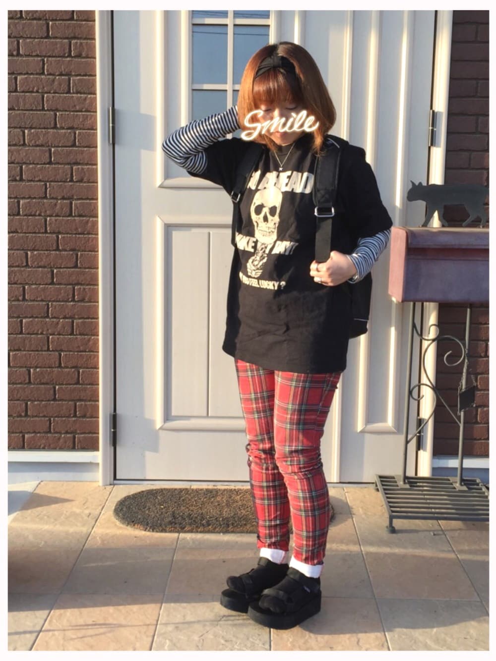 「入学式、ロック、チェックパンツ、Hysteric Glamour、aiko、teva、marimekko、バックパック」｜「雑貨屋☘のアイテム（ヘアバンド、ブラック系）」を使った、ゆきだるま☆さん（レディース・148cm）の春コーディネートの1枚目の写真