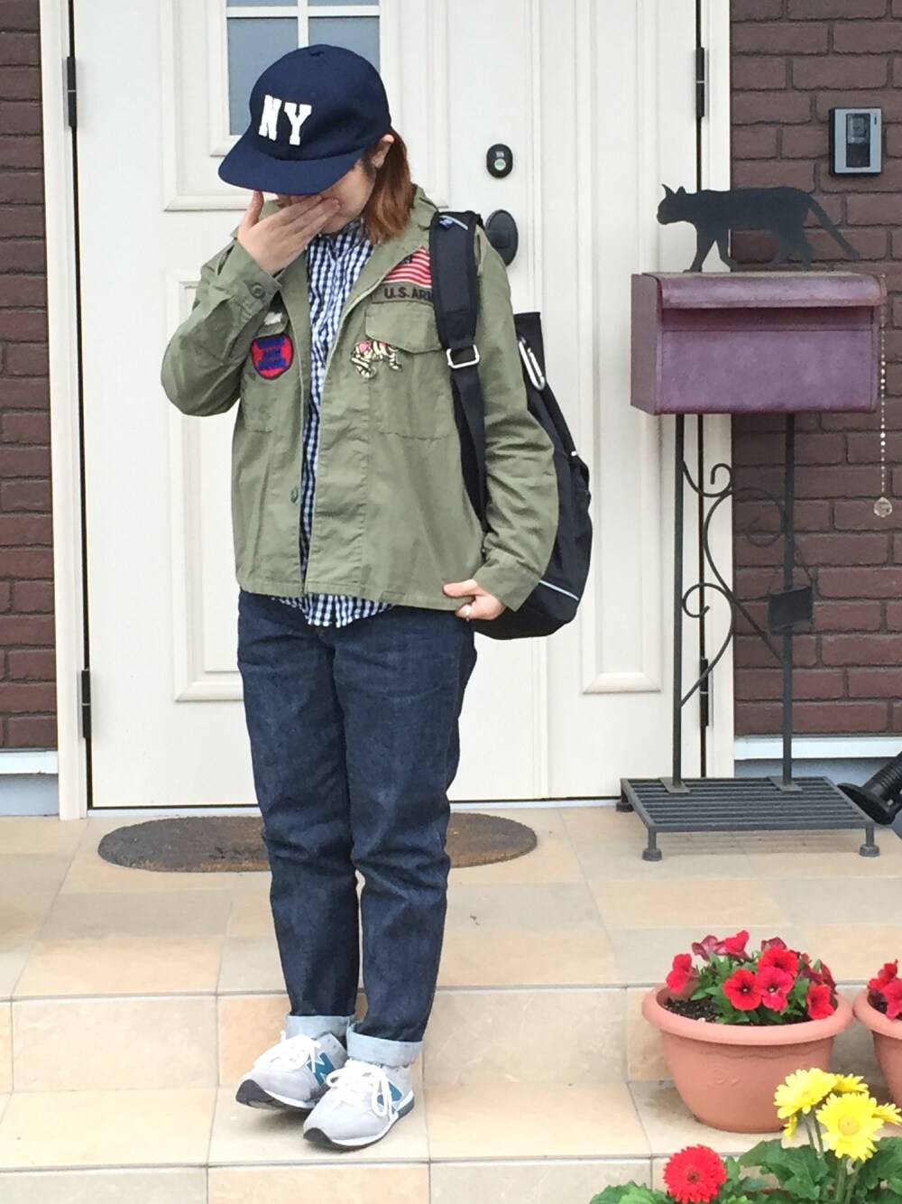 「チビーズ✳︎、休日スタイル、ボーイッシュ、カジュアル、カーキアウター、キャップ、marimekko」｜「HeatherのワッペンCAP　712487（キャップ、ブルー系）」を使った、ゆきだるま☆さん（レディース・148cm）の春コーディネートの1枚目の写真