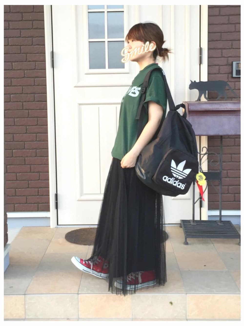 「古着、古着MIX、チビーズ✳︎、aiko、ロングスカート、コンバース、adidas」｜「古着🌞のアイテム（Tシャツ/カットソー、グリーン系）」を使った、ゆきだるま☆さん（レディース・148cm）の夏コーディネートの1枚目の写真