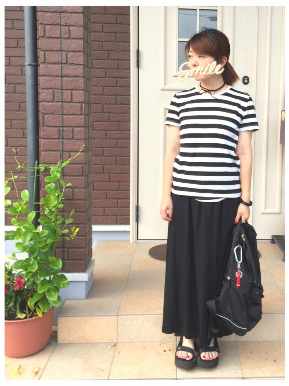 「オトナカジュアル、シンプル、モノトーン、チョーカー、ロングスカート、marimekko、x-girl、チビーズ✳︎」｜「WEGOのWEGO/リボンテープチョーカー（チョーカー、ブラック系）」を使った、ゆきだるま☆さん（レディース・148cm）の夏コーディネートの1枚目の写真